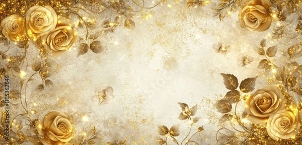 Obraz A luxurious floral pattern with golden roses and ivy vines, sparkling with gold glitter and a grunge sparkle effect.