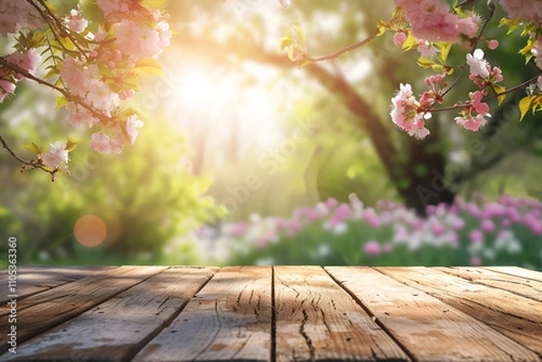 Fototapeta Sunlit cherry blossoms over rustic wooden table in serene garden