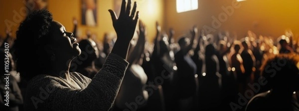 Fototapeta A Black woman worships with a congregation in a warm, uplifting atmosphere.