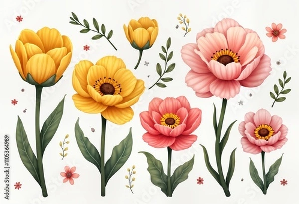 Obraz Pastel yellow, pink ranunculus flowers in flat lay style. Spring Mothers Day floral design elements. Isolated on transparent background. Beautiful delicate flowers. Fresh flowers with vibrant colors.