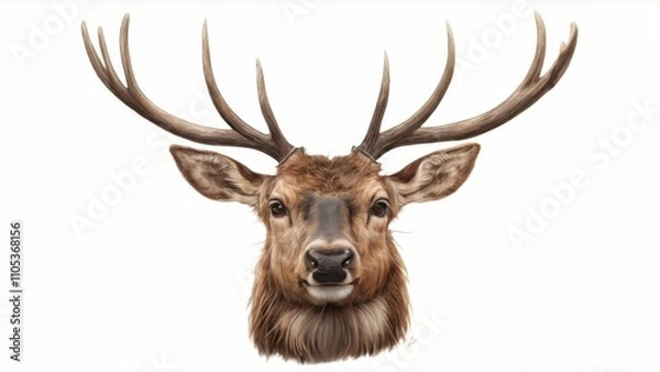 Fototapeta Realistic digital illustration of a deer with large pointed antlers on white background. Eyes closed, mouth slightly open.