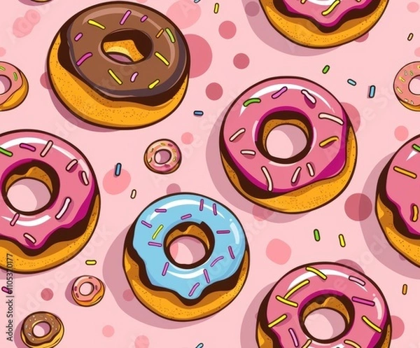Fototapeta Vibrant pattern of golden donuts topped with glossy pink icing and colorful sprinkles, arranged on a playful pink background, ideal for sweet-themed designs.