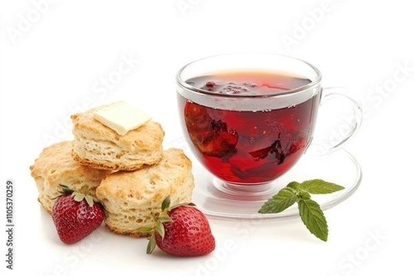 Obraz Tea Biscuits Strawberries and a Refreshing Beverage
