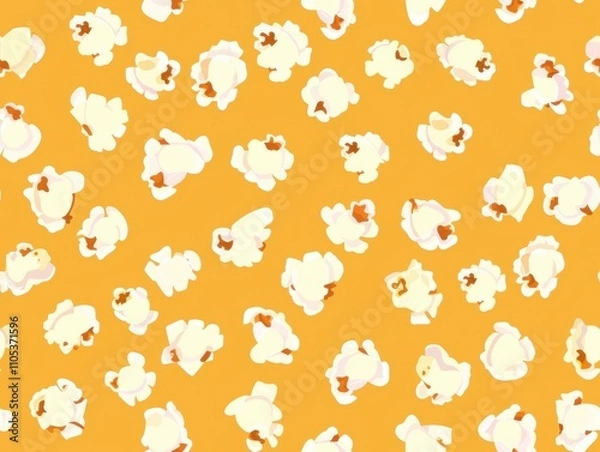 Fototapeta Seamless pattern of fluffy white popcorn kernels scattered on a cheerful yellow background, creating a playful design perfect for snack-themed or cinematic illustrations.
