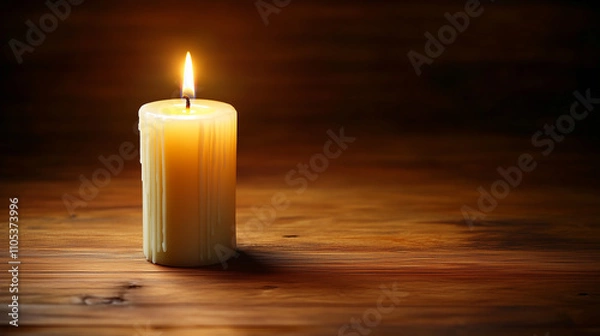 Obraz Single glowing candle on a wooden surface, representing reflection, memory, and resilience in the fight against cancer with a serene and tranquil ambiance