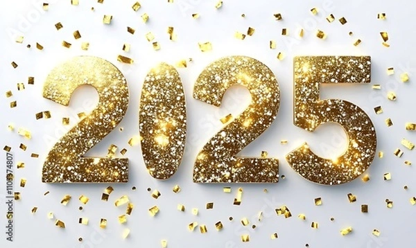 Fototapeta 
Happy new year 2025 illustration, With glittering numbers and gold glitter sprinkles on white background, Generative Ai
