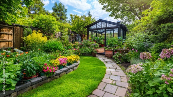 Fototapeta A vibrant garden path winding through colorful flowers and plants alongside a charming greenhouse in full bloom during a sunny day