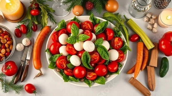 Obraz A Christmas table's Caprese delight, featuring roasted vegetables.