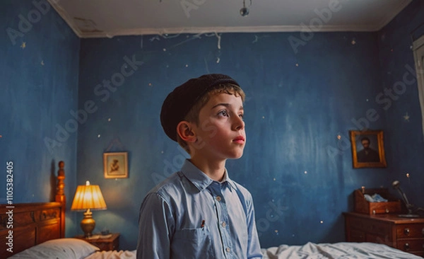 Fototapeta Boy wearing a hat and a blue shirt is sitting on a bed. The room is blue and has a lamp on the nightstand