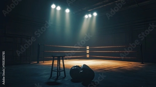 Fototapeta A pair of boxing gloves rest on the floor of an empty boxing ring, illuminated by spotlights. The scene evokes a sense of anticipation and solitude.