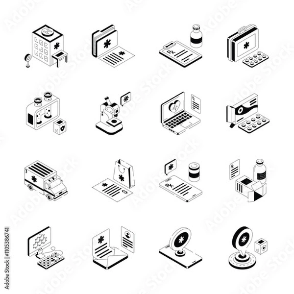 Fototapeta Collection of modern isometric icons represents various aspects of healthcare and pharmacy,