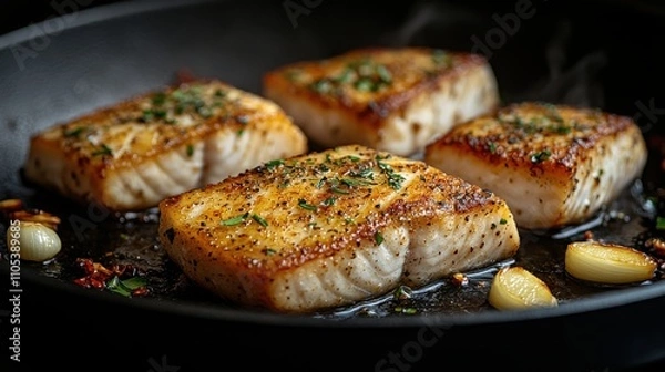 Fototapeta Barramundi steak being pan-seared on a hot cast iron skillet, surrounded by aromatic garlic and herbs, with steam rising