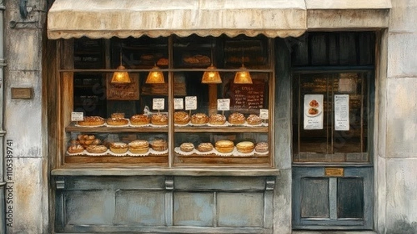 Obraz A charming old-world bakery displays a tempting array of freshly baked goods in its window. Warm lighting illuminates the pastries, creating a cozy atmosphere.