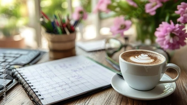 Fototapeta A cup of latte art coffee sits on a wooden desk next to a notebook filled with notes, creating a cozy and productive atmosphere.