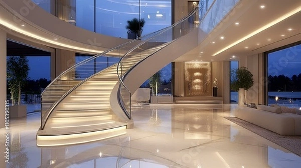 Fototapeta Luxurious villa entrance hall, sleek staircase with glass railings, marble flooring, and minimalist decor in a modern design
