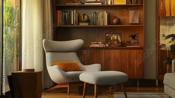Obraz Mid-century modern living room, sleek gray armchair with matching pouf, wooden bookcase, and warm earthy tones for a cozy ambiance