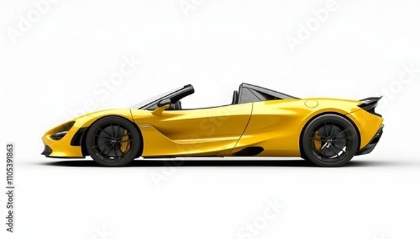 Fototapeta Sleek yellow sports car, convertible top down, showcasing its aerodynamic design and powerful stance against a bright white backdrop.