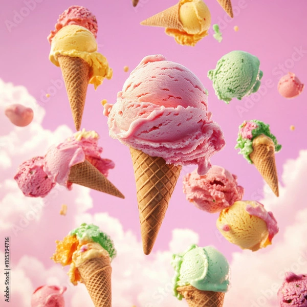 Fototapeta Floating ice cream cones in bright shades of pink, yellow, and green dance against a pastel sky, highlighted by a prominent pink double-scoop cone, evoking whimsy and fun