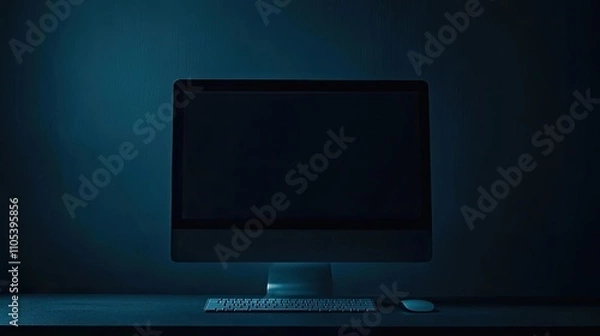 Fototapeta A dimly lit desktop computer sits on a desk in a dark room. The screen is dark, and the keyboard and mouse are visible.  The overall mood is mysterious and serene.
