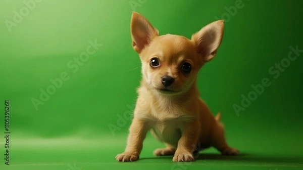 Obraz A tiny puppy posing for a portrait, set on a sleek green screen for engaging content
