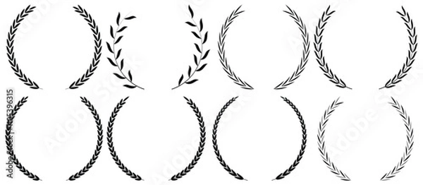 Obraz Set of circular laurel wreath. Emblem floral Greek branch of oak leaves, eucalyptus leaf, Wheat, winner award, champion medal, swirls, twigs and flower ornaments vector.