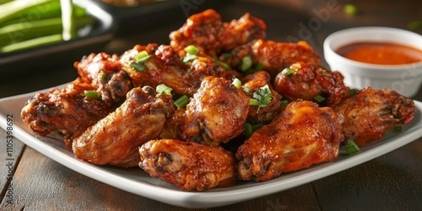 Obraz Spicy chicken wings prepared with a blend of aromatic herbs and spices, delivering a bold flavor in every bite. Enjoy these delicious spicy chicken wings that are sure to please any palate.