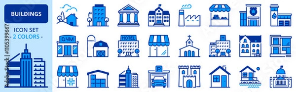 Fototapeta Icons in two colors about buildings. Architecture