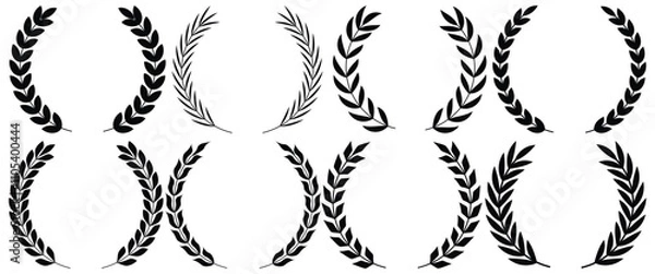 Fototapeta Set of circular laurel wreath. Emblem floral Greek branch of oak leaves, eucalyptus leaf, Wheat, winner award, champion medal, swirls, twigs and flower ornaments vector.