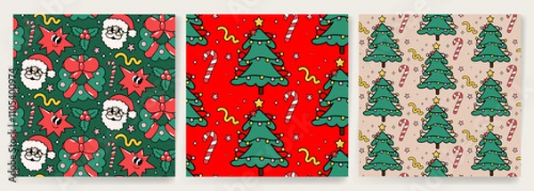 Fototapeta Set of Holiday Xmas seamless pattern with Christmas Tree, toys, Santa Claus in trendy groovy style in red, green, colors. Christmas vector design for season greeting card, banner, poster, print