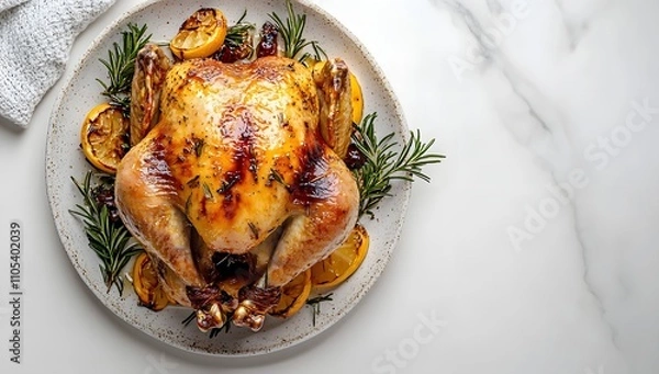 Fototapeta Roasted chicken garnished with lemon and rosemary, a delicious and visually appealing dish.