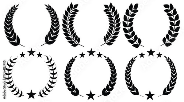 Fototapeta Set of circular laurel wreath. Emblem floral Greek branch of oak leaves, eucalyptus leaf, Wheat, winner award, champion medal, swirls, twigs and flower ornaments vector.