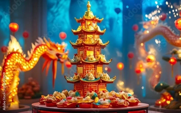 Fototapeta A vibrant display of a traditional Asian pagoda centerpiece adorned with colorful decorations, symbolizing prosperity and celebration during cultural festivals.
