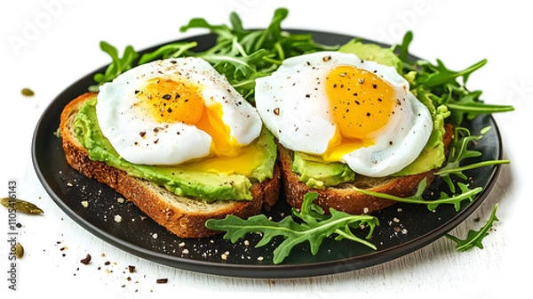 Fototapeta Avocado Toast with Poached Eggs and Arugula