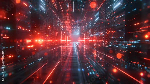 Obraz Abstract 3D Digital Corridor: Red and Blue Light Streams Illuminate a Futuristic Data Highway, Representing the Flow of Information in Cyberspace.