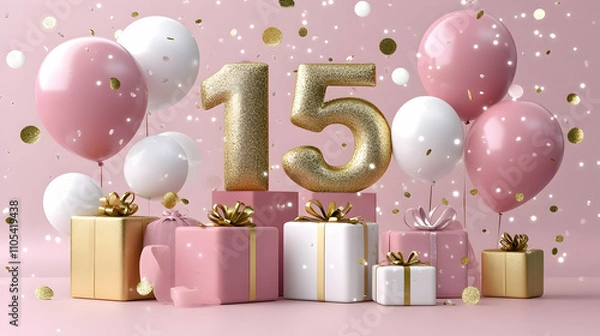 Fototapeta 3D Rendered Birthday Scene with Glittery Gold Number 15, Pink and White Balloons, and Gifts on a Pink Background
