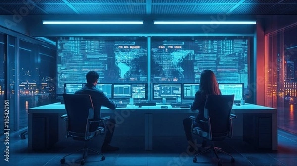 Fototapeta Cybersecurity operations center at night with two professionals monitoring multiple screens displaying global data and network information. Dramatic blue lighting creates futuristic atmosphere