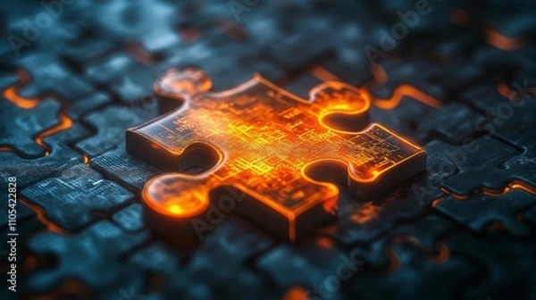 Fototapeta Glowing Puzzle Piece in Dark Background with Technology Design