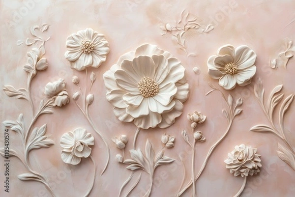 Fototapeta A decorative floral relief displayed on a gentle pink background