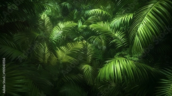 Obraz Lush Green Palm Leaves in a Dense Tropical Setting with Natural Light and Shadow Play