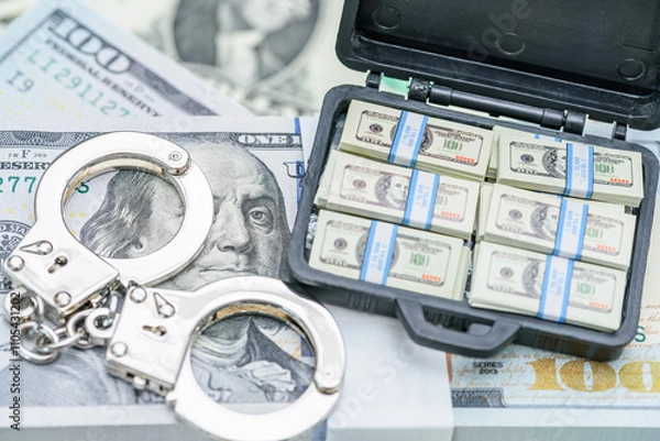 Fototapeta Financial crime, fraud, money laundering, corruption, or law enforcement : Bundles of US dollar 100 bills in a small case, alongside a pair of handcuffs placed over the currency.