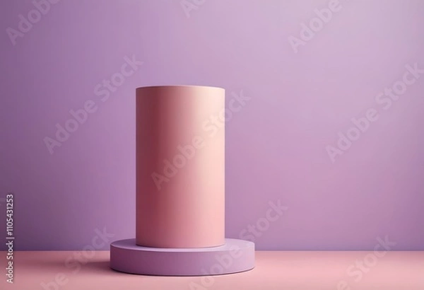 Fototapeta A single pastel pink cylindrical podium on a soft lavender background, illuminated by warm light, Ai Generated