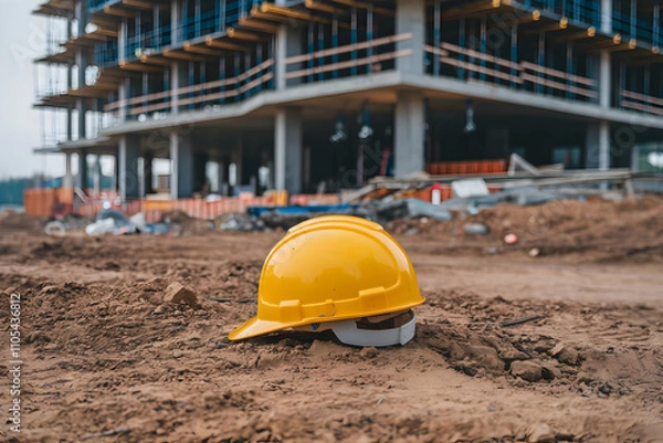 Obraz Yellow hard hat on construction site, scaffolding and debris suggesting active workday