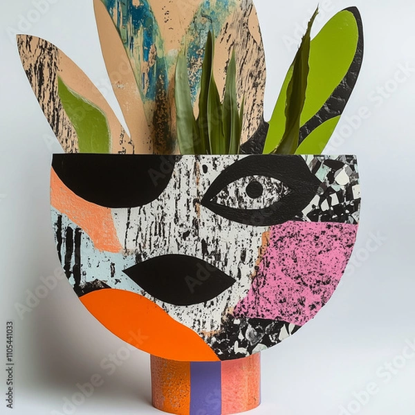 Fototapeta Artistic Planter with Face Motif and Abstract Patterns