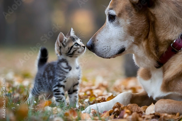 Obraz Kitten and dog share a tender moment, almost touching noses in peaceful setting