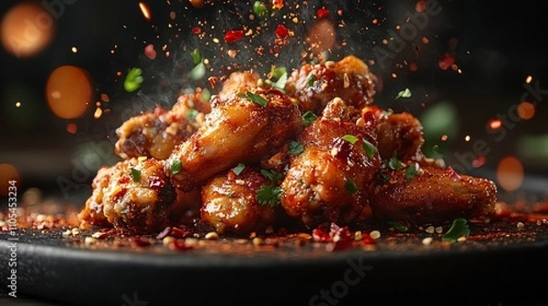 Fototapeta Succulent Fried Chicken Wings on Dark Surface