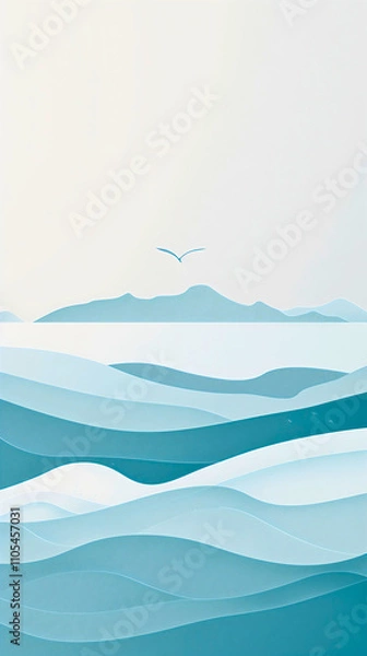 Fototapeta Minimalist abstract ocean landscape with wavy lines and sunset hues  modern summer travel design