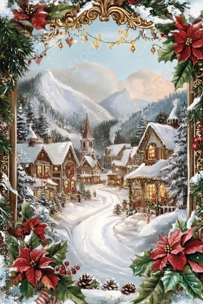 Fototapeta Cozy Victorian style winter scene with snowy cottage surrounded by snowy forest. Vintage style holiday card design