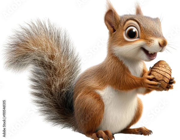 Fototapeta Joyful cartoon squirrel holding an acorn with a friendly expression in a playful forest setting