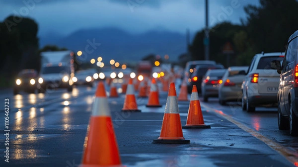 Fototapeta A highway lane closure with cones and traffic merging into a single lane.