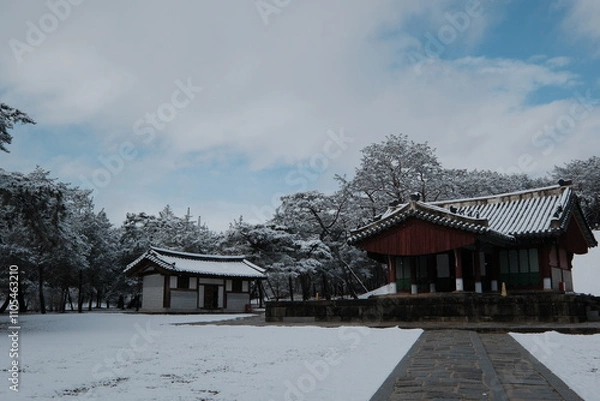 Obraz 대한민국 전통의 건축물 한옥과 눈 쌓인 소나무에 상고대 함박눈이 어우러진 푸른 하늘의 하얀 겨울의 설경